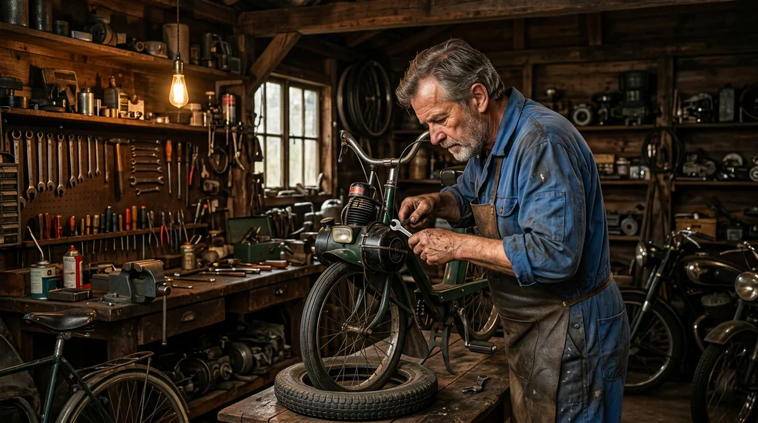 Entretien et sécurité d'un Solex vintage dans un atelier de passionné
