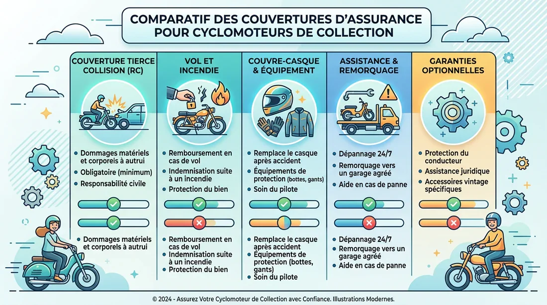 Infographie comparant les garanties et formules d'assurance pour cyclomoteur Solex