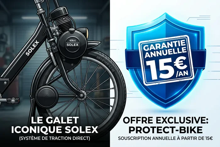 Miniature avec un galet de Solex et un macaron de tarif assurance à 15 euros par an