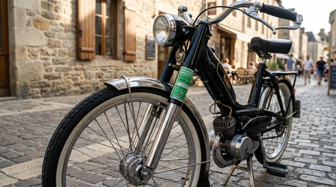 Vignette d'assurance obligatoire collée sur la fourche d'un Solex vintage