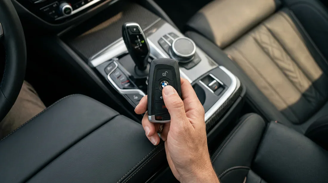 Gros plan d'une main de conducteur tenant une clé BMW dans un habitacle luxueux