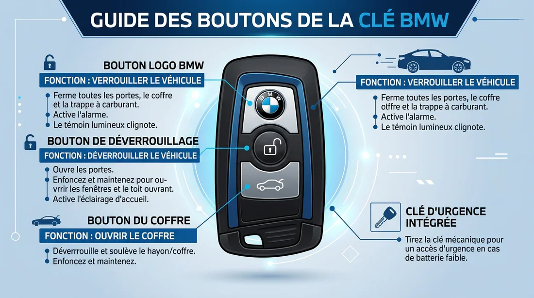 Infographie explicative des fonctions des boutons sur une clé BMW