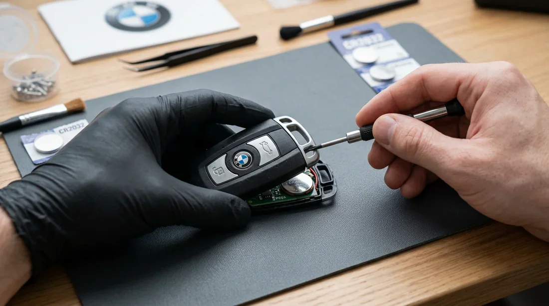 Remplacement de la pile d'une clé BMW sur un plan de travail