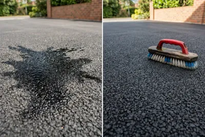 Comparaison avant et après le nettoyage d'une tache d'huile sur goudron