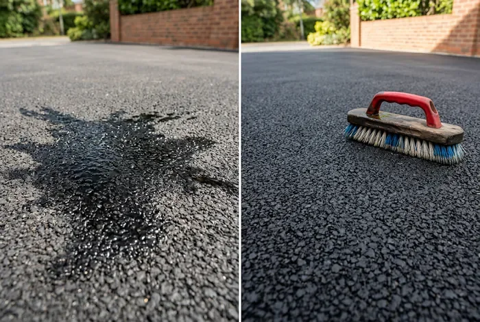 Comparaison avant et après le nettoyage d'une tache d'huile sur goudron