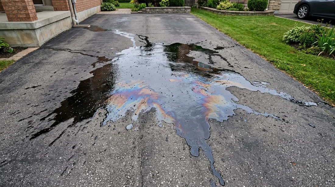 Grande tache d'huile noire sur une allée en goudron en extérieur