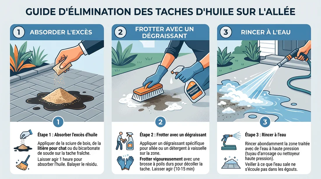 Infographie des étapes de nettoyage d'une tache d'huile