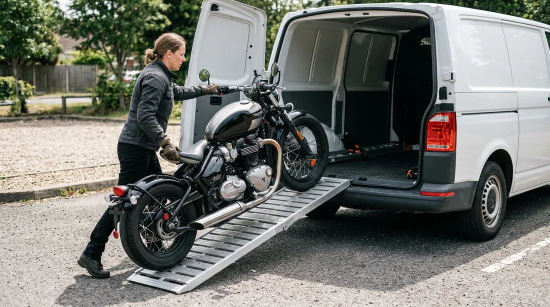 Chargement d'une moto dans un fourgon à l'aide d'une rampe en aluminium.