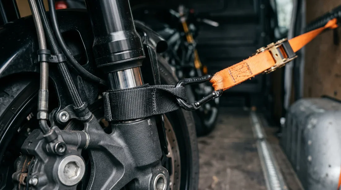 Fixation sécurisée d'une sangle souple sur le T de fourche d'une moto.