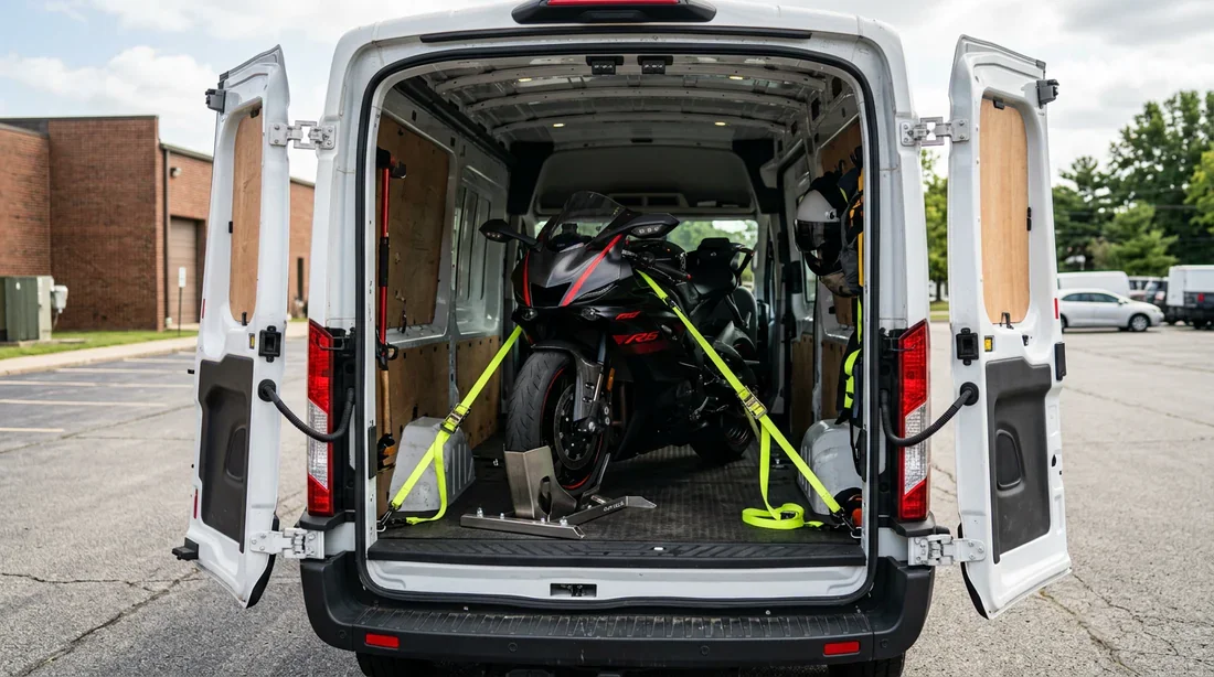 Moto de piste parfaitement attachée et sanglée à l'intérieur d'un fourgon utilitaire blanc.