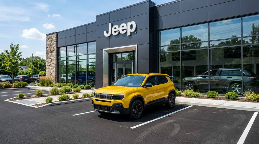 Devanture moderne et lumineuse d'une concession Jeep avec un SUV Jeep Avenger garé devant