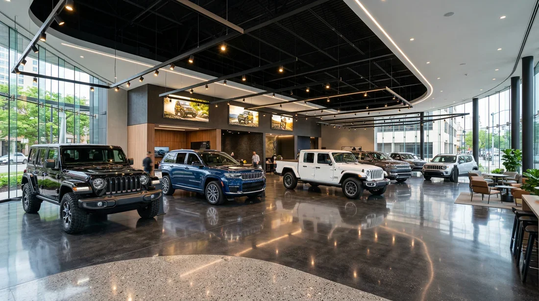 Intérieur d'une concession Jeep spacieuse exposant plusieurs véhicules neufs