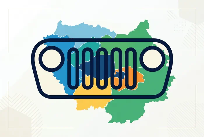 Logo de calandre Jeep superposé sur la carte de la région Île-de-France