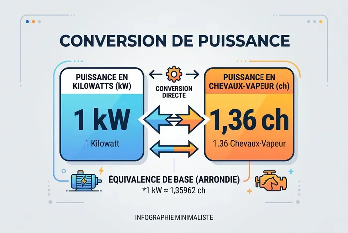 Conversion kW en chevaux DIN : Calcul & Tableau - kW en chevaux DIN : L'astuce pour calculer en 3s - Comment convertir les kW en chevaux DIN facilement ? Infographie minimale expliquant l'équivalence 1 kW égal 1,36 ch