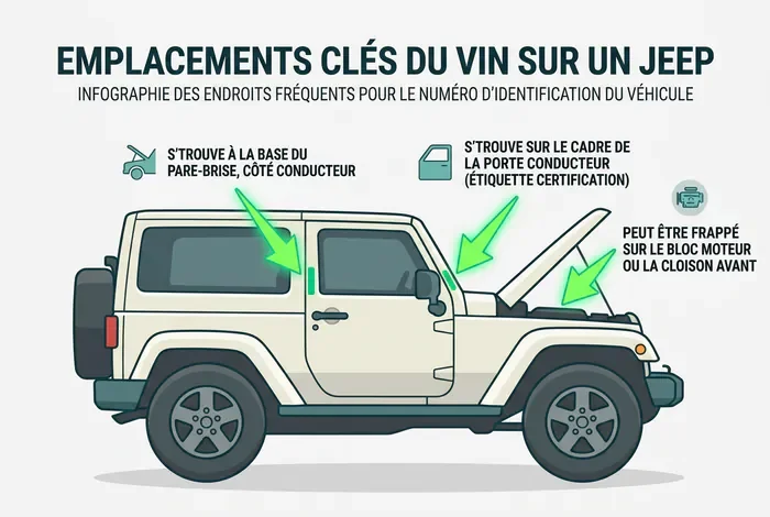 Décoder le VIN d'une Jeep : Le Guide - VIN Jeep : Décodez 17 Caractères et Évitez les Arnaques - Comment Décoder le VIN d'une Jeep ? Tableau Gratuit Infographie montrant les 3 emplacements principaux du numéro VIN sur une Jeep