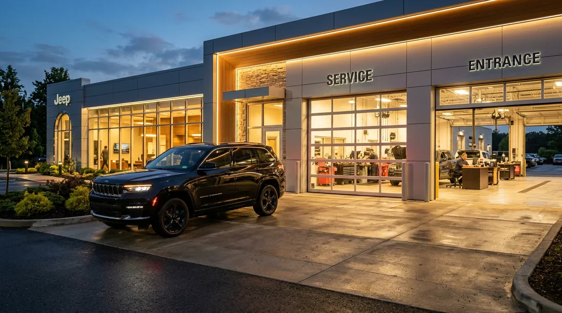 Garantie et service atelier Stellantis Jeep Grand Cherokee récent stationné devant l'entrée de l'atelier d'une concession moderne Stellantis