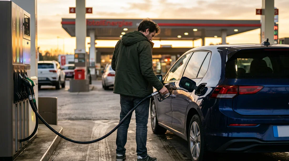 Un automobiliste hésite face à la pompe GPL de sa voiture en station-service.