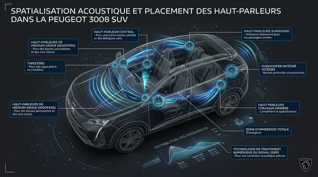 Infographie de l'acoustique intérieure du Peugeot 3008 Infographie expliquant la répartition acoustique du système son dans le Peugeot 3008.