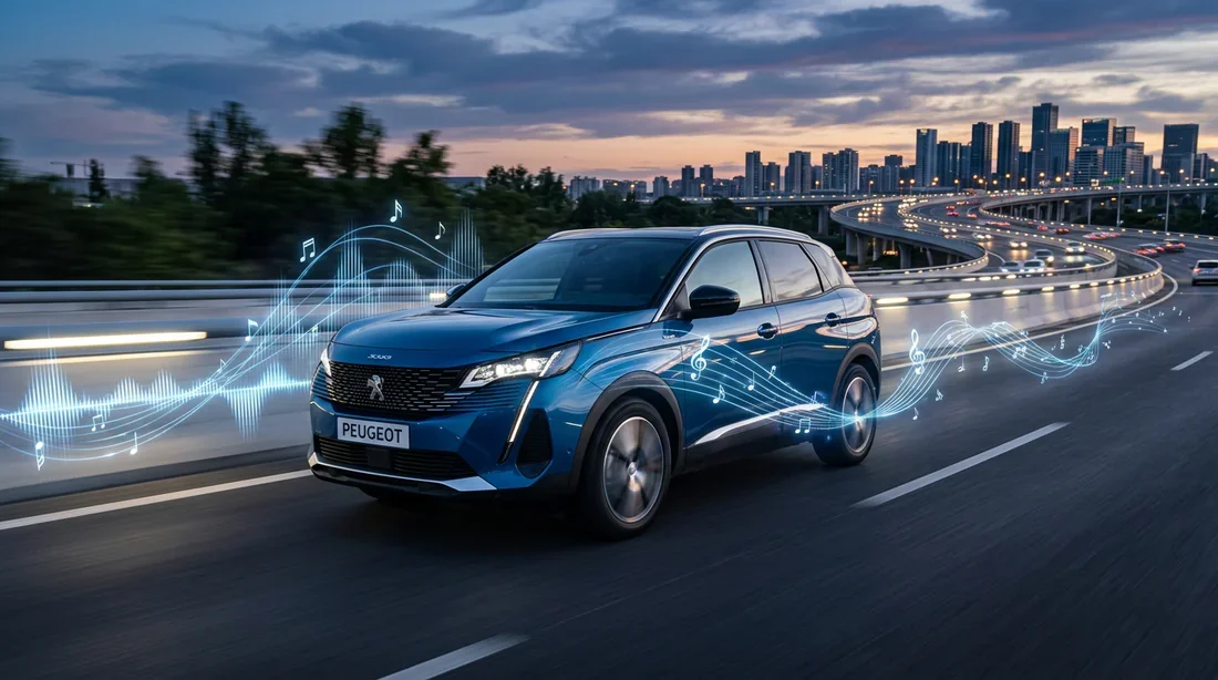 Nouveau Peugeot 3008 2026 et expérience audio à bord Nouveau Peugeot 3008 modèle 2026 en mouvement dynamique sur une route moderne avec effets visuels sonores.