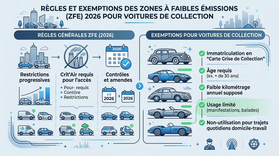 Infographie synthétique sur les dérogations ZFE pour véhicules de collection en 2026