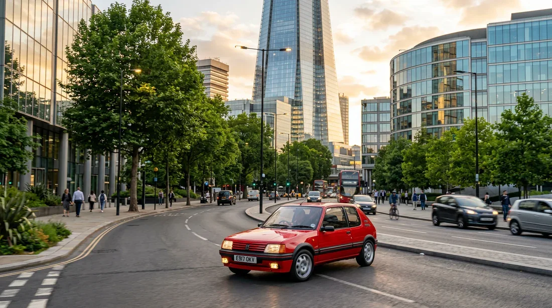 Peugeot 205 GTI ancienne circulant dans une métropole moderne