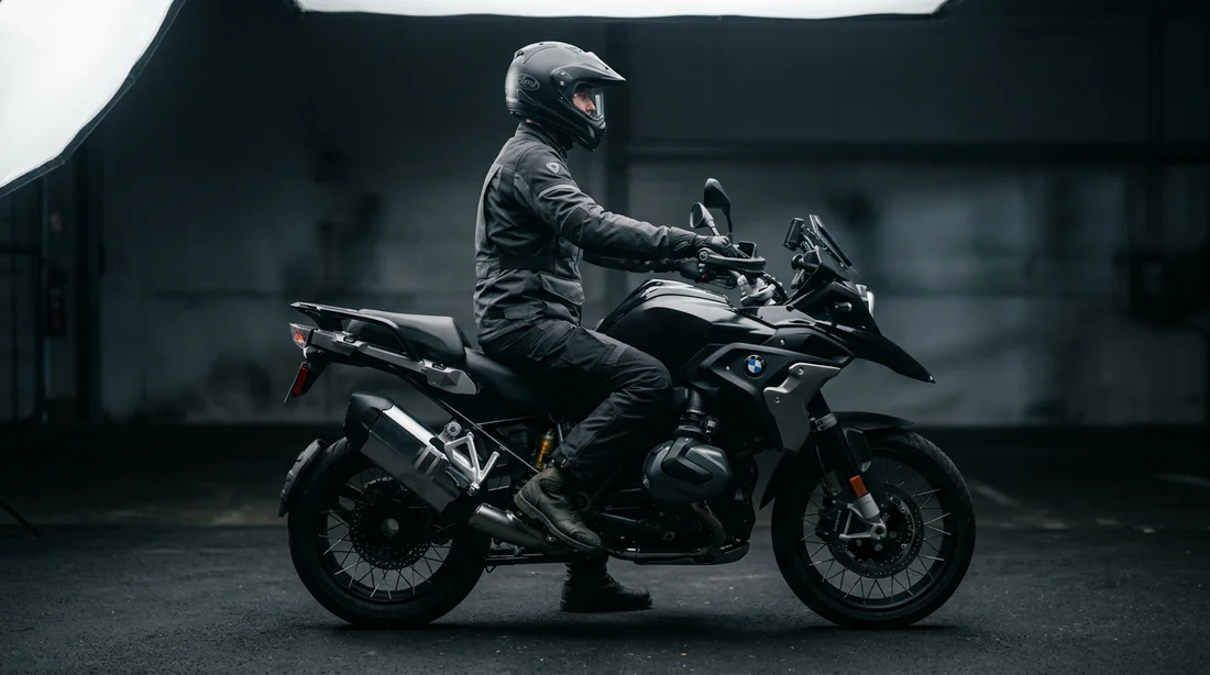 Motard de grande taille sur une moto trail moderne en montagne