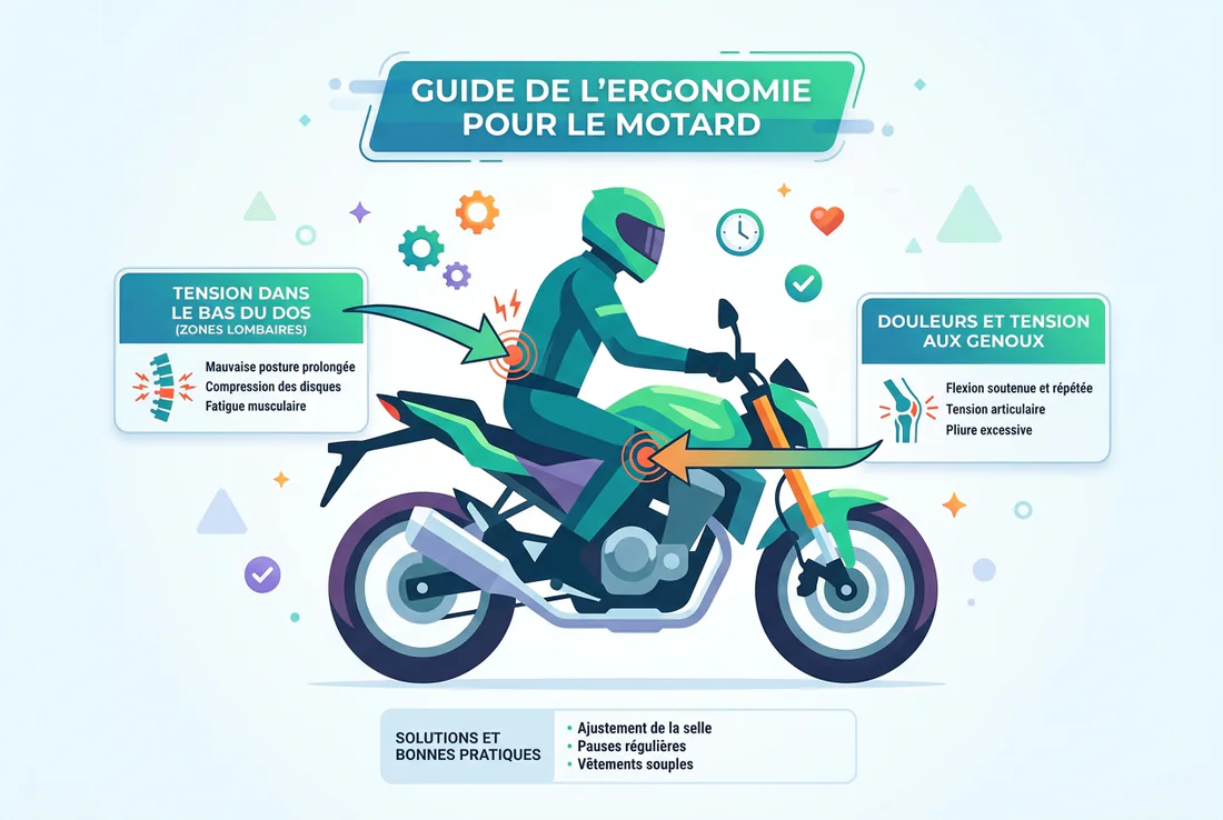 Position des jambes et genoux d'un motard de grande taille