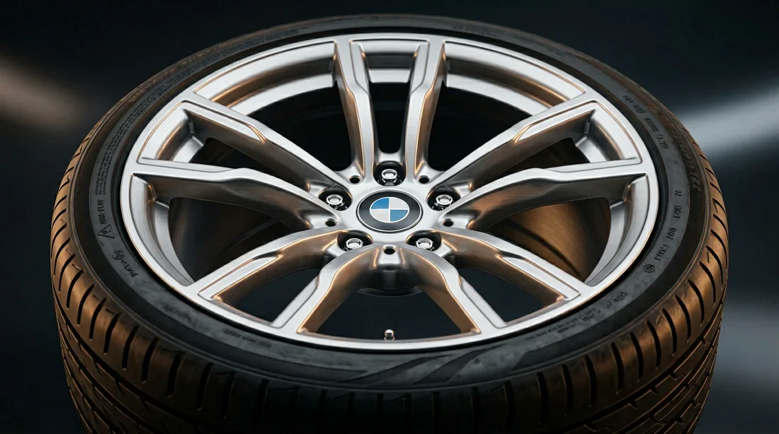 Gros plan sur une roue BMW avec pneu monté sur jante en alliage