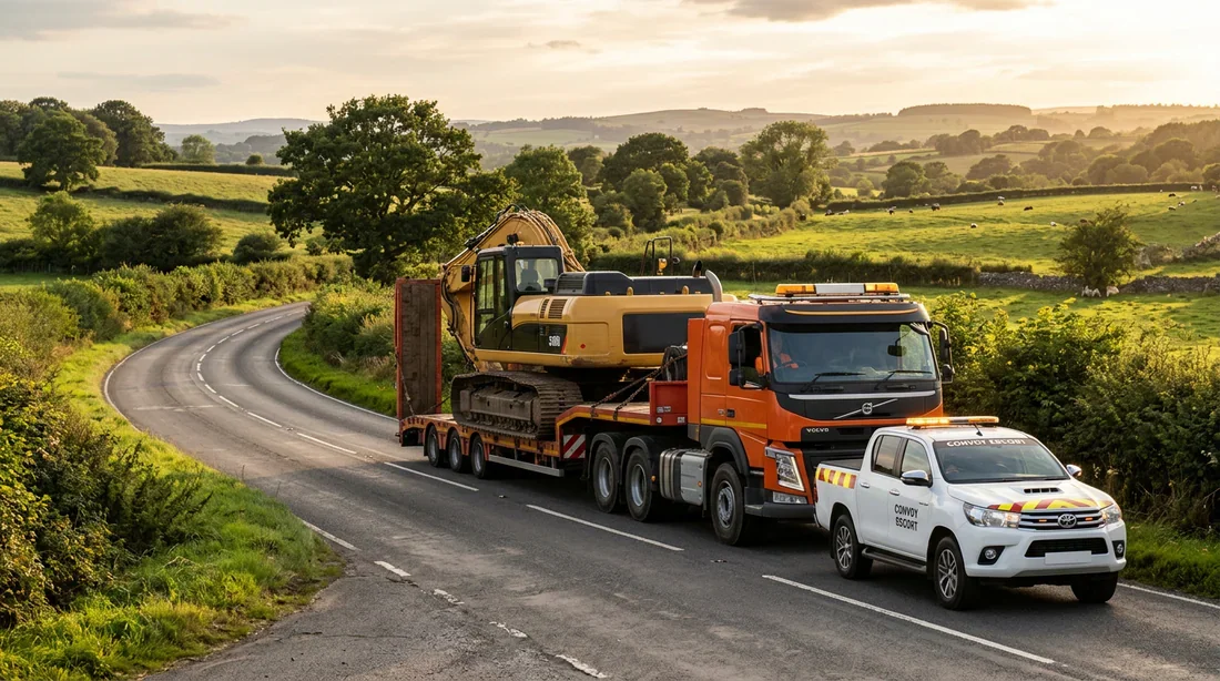 Convoi exceptionnel avec escorte transportant un engin de chantier
