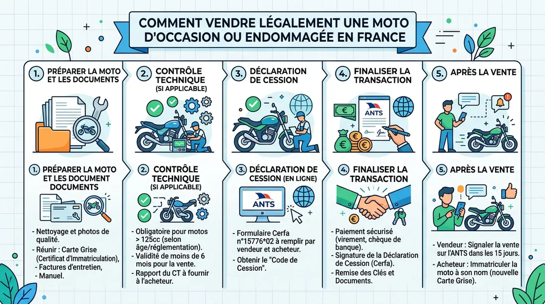 Procédure légale pour la vente d'une moto usagée Infographie récapitulative des étapes légales pour vendre une moto usagée