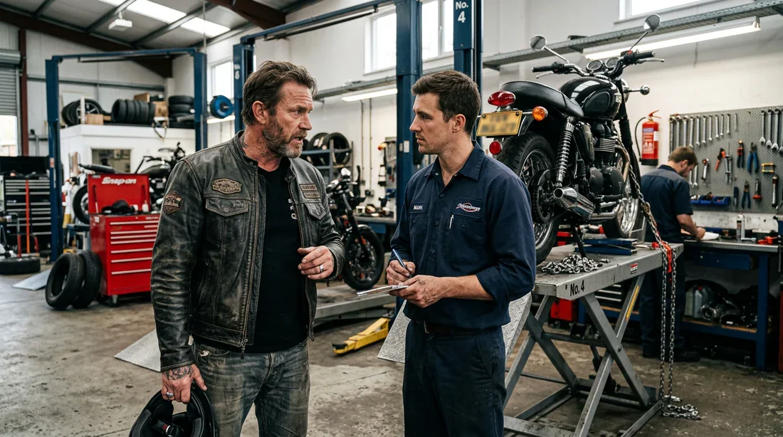 Discussion avec un professionnel pour la reprise d'une moto Motard au visage sérieux discutant avec un mécanicien devant une moto sur un pont élévateur dans un garage