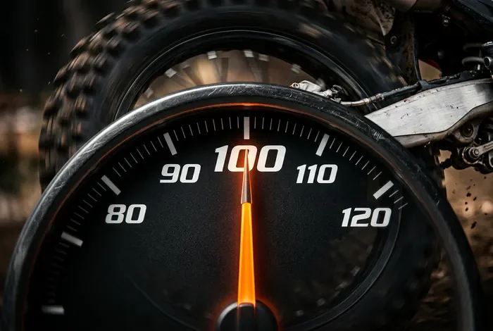 Compteur de vitesse de moto racing et roue arrière floue par la vitesse.
