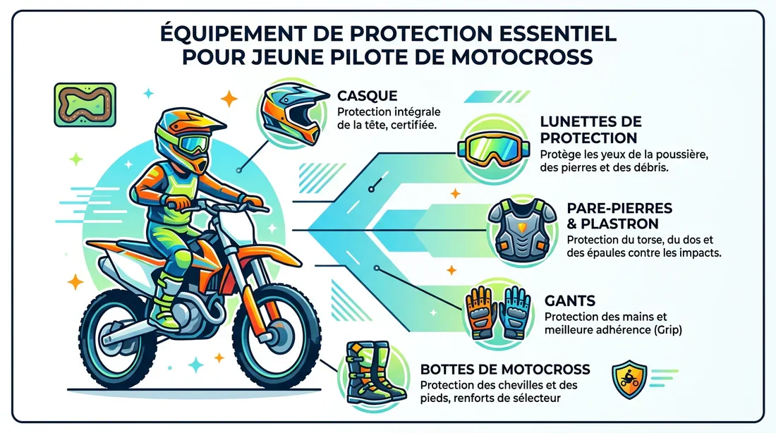 Infographie des équipements de sécurité indispensables pour le motocross.