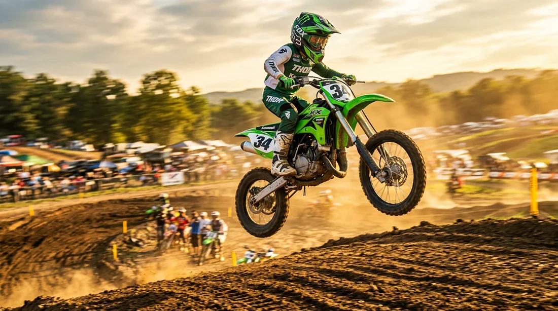 Jeune pilote sur une Kawasaki KX 85 réalisant un saut spectaculaire sur une piste de motocross.