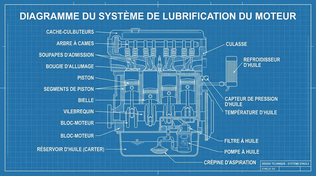 Schéma du système de lubrification moteur Schéma technique des composants du circuit d'huile moteur