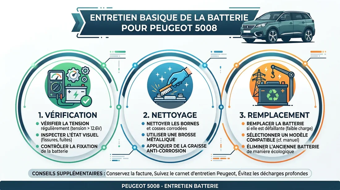 Guide d'entretien batterie Peugeot 5008 Infographie des étapes de maintenance de batterie Peugeot 5008