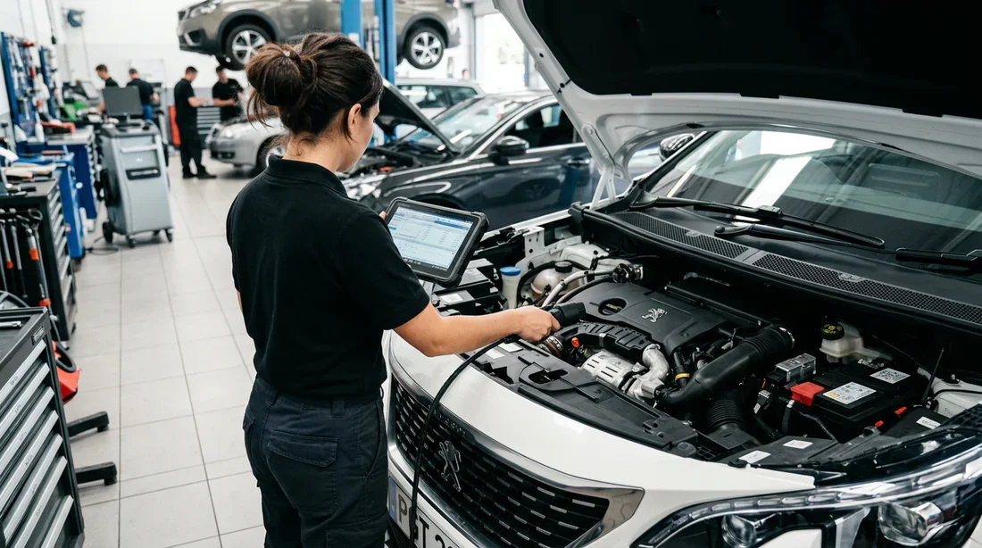 Diagnostic électronique Peugeot 5008 Mécanicien utilisant une valise de diagnostic sur un Peugeot 5008 dans un garage
