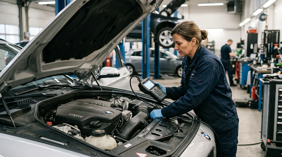 Diagnostic électronique d'une panne automobile Mécanicien utilisant une valise de diagnostic automobile