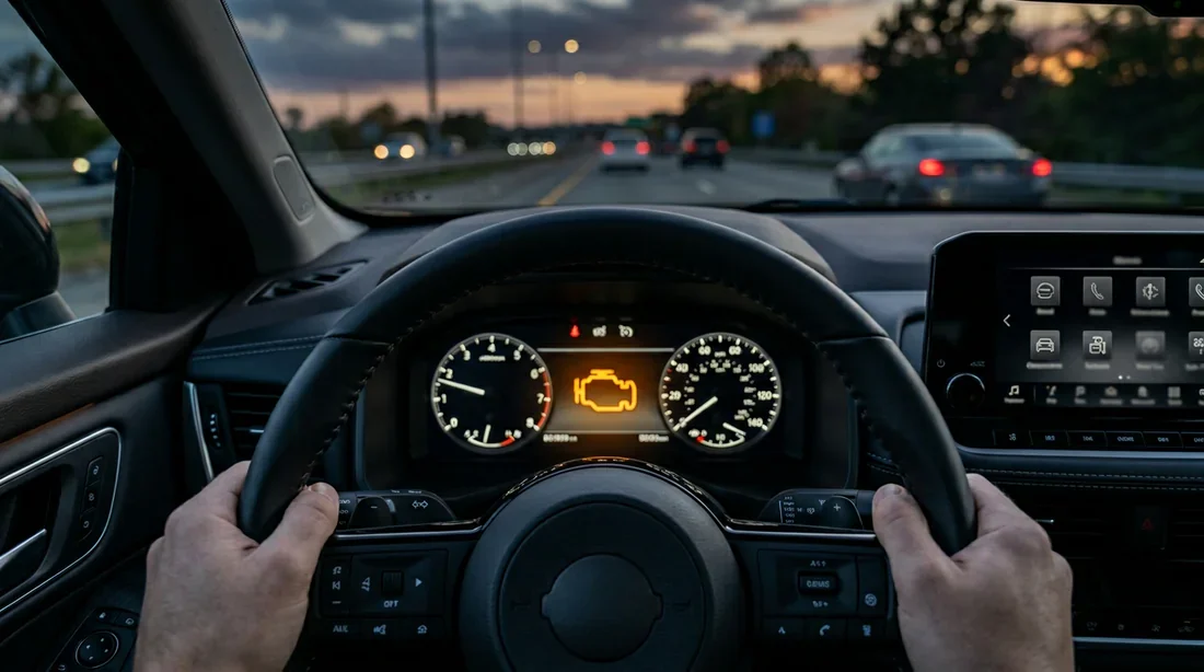 Tableau de bord de voiture Nissan avec voyant moteur allumé