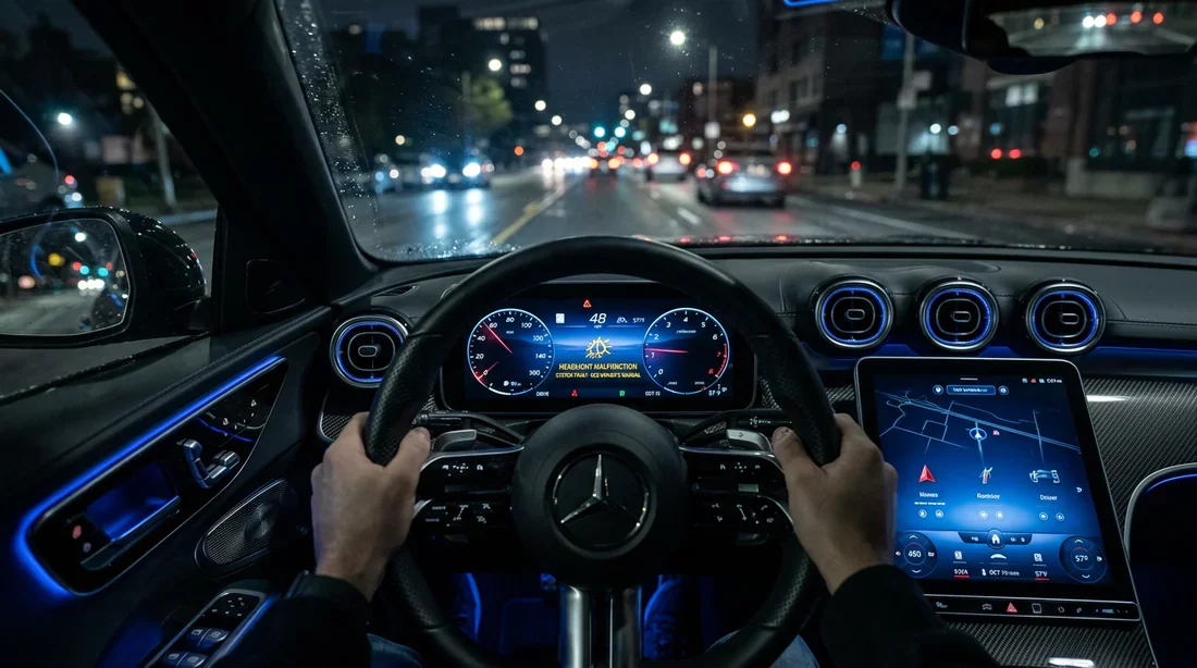 Avertissement de panne de phares sur Mercedes Tableau de bord de Mercedes avec message d'erreur de phares allumé