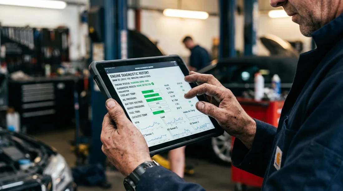 Consultation des résultats du diagnostic automobile Mécanicien consultant un rapport de diagnostic sur tablette