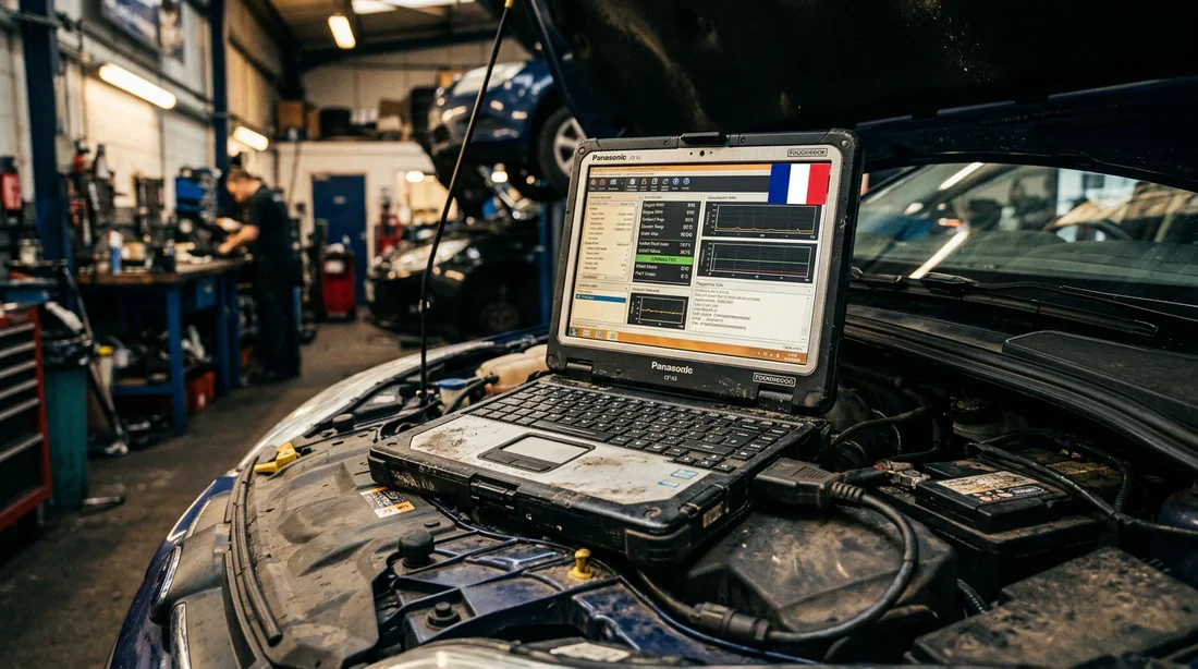 Diagnostic automobile avec interface en français sur ordinateur Ordinateur portable robuste utilisé pour le diagnostic automobile avec logiciel traduit en français