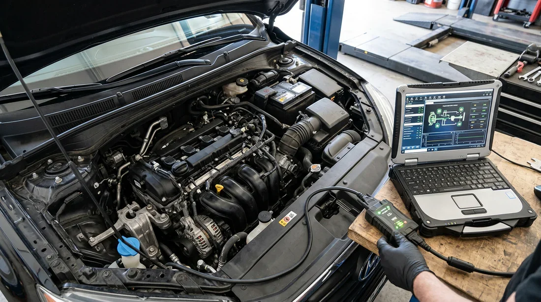 Connexion entre logiciel de diagnostic et moteur Scanner OBD2 connecté à un ordinateur pour diagnostic moteur