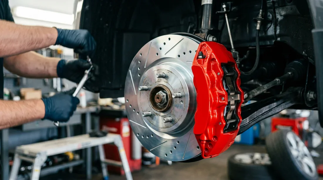 Changement de disque de frein professionnel Gros plan sur un disque de frein neuf et un étrier rouge sur une voiture moderne