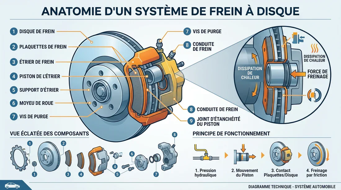 Fonctionnement du système de freinage Schéma technique des composants d'un système de freinage à disque