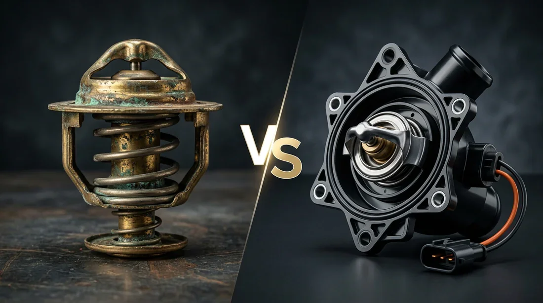 Comparaison visuelle entre un ancien calorstat en laiton et un thermostat moteur moderne en plastique