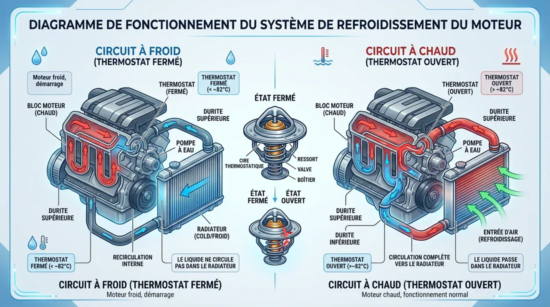 Schéma technique du circuit de refroidissement et du rôle du thermostat