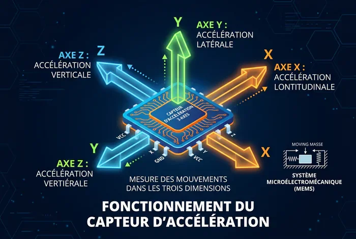 Infographie stylisée des axes d'accélération X Y Z d'une puce électronique