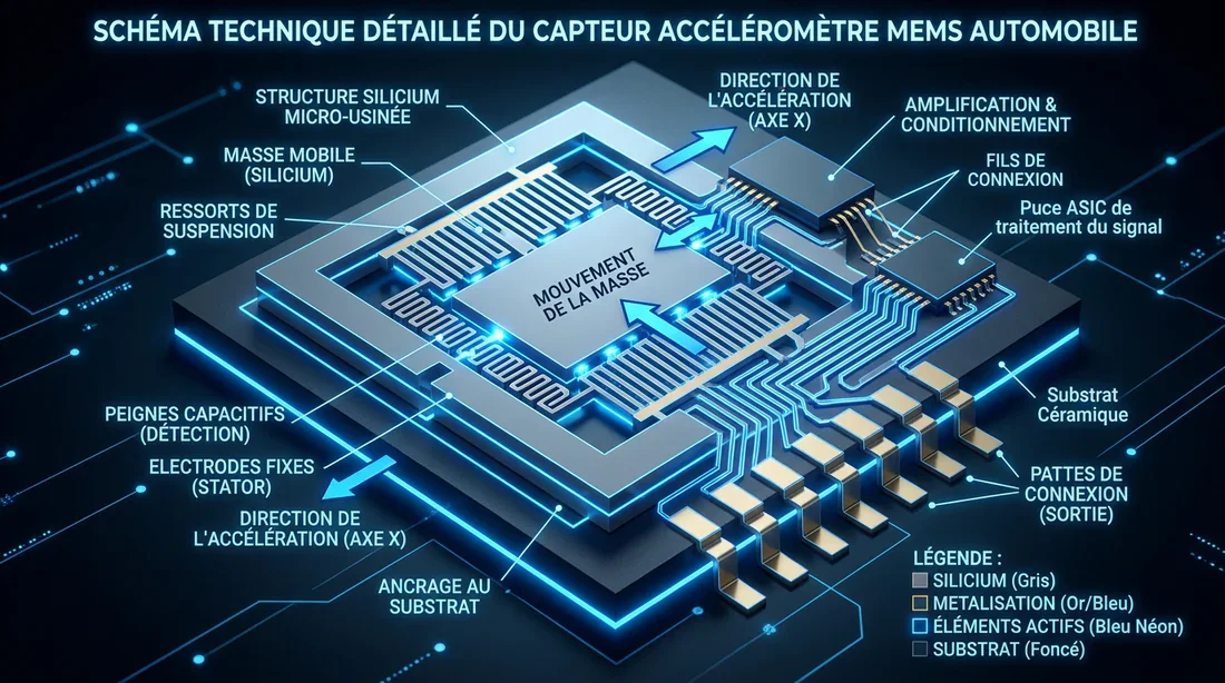 Schéma technique du fonctionnement interne d'un capteur d'accélération MEMS