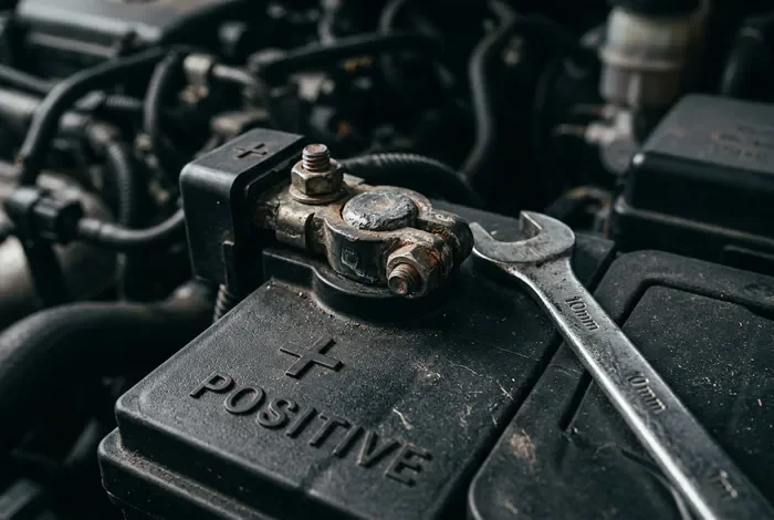 Gros plan sur le pôle positif d'une batterie auto avec une clé plate